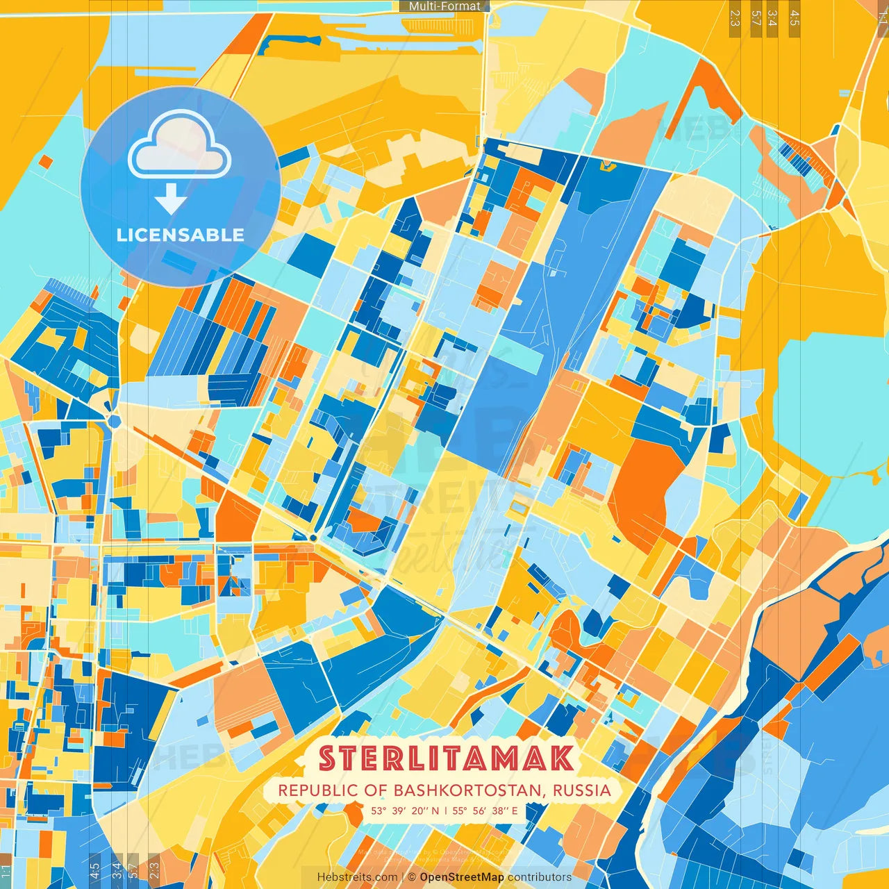 Sterlitamak, Republic of Bashkortostan, Russia blue and orange vector art map template