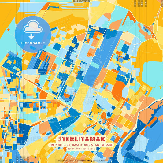 Sterlitamak, Republic of Bashkortostan, Russia blue and orange vector art map template