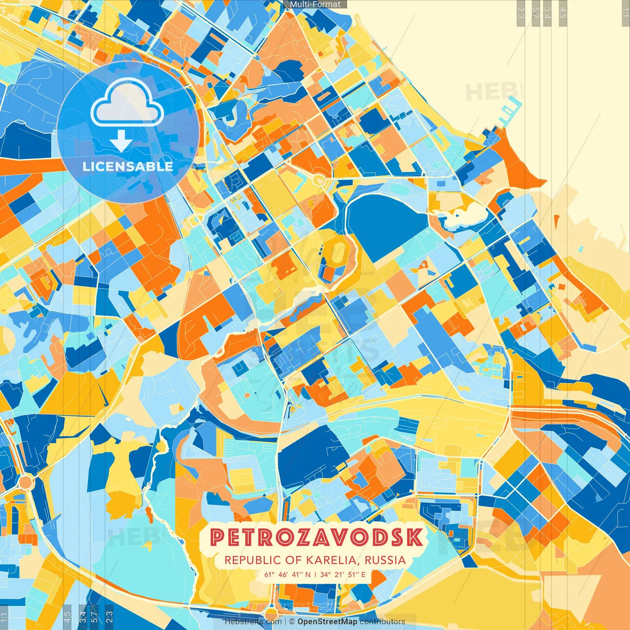 Petrozavodsk, Republic of Karelia, Russia blue and orange vector art map template