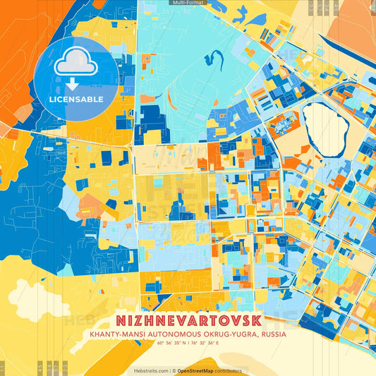 Nizhnevartovsk, Khanty-Mansi Autonomous Okrug-Yugra, Russia blue and orange vector art map template