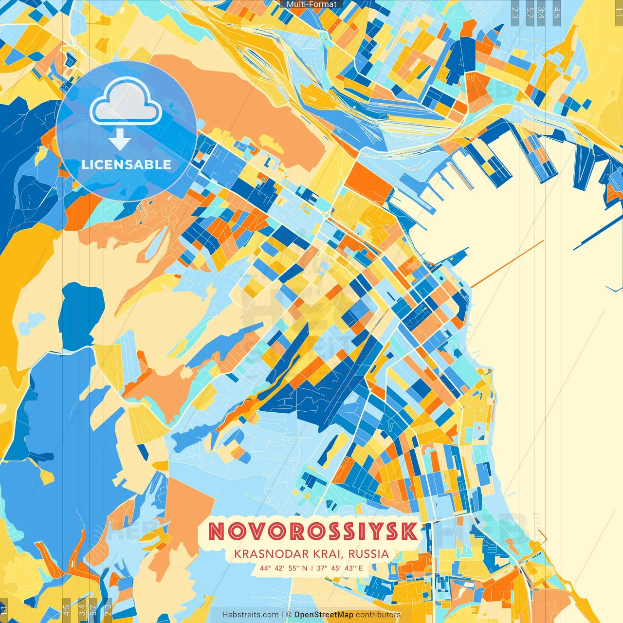 Novorossiysk, Krasnodar Krai, Russia blue and orange vector art map template