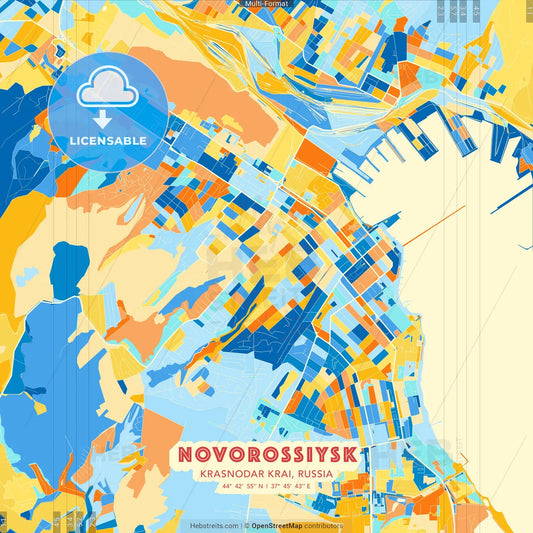 Novorossiysk, Krasnodar Krai, Russia blue and orange vector art map template