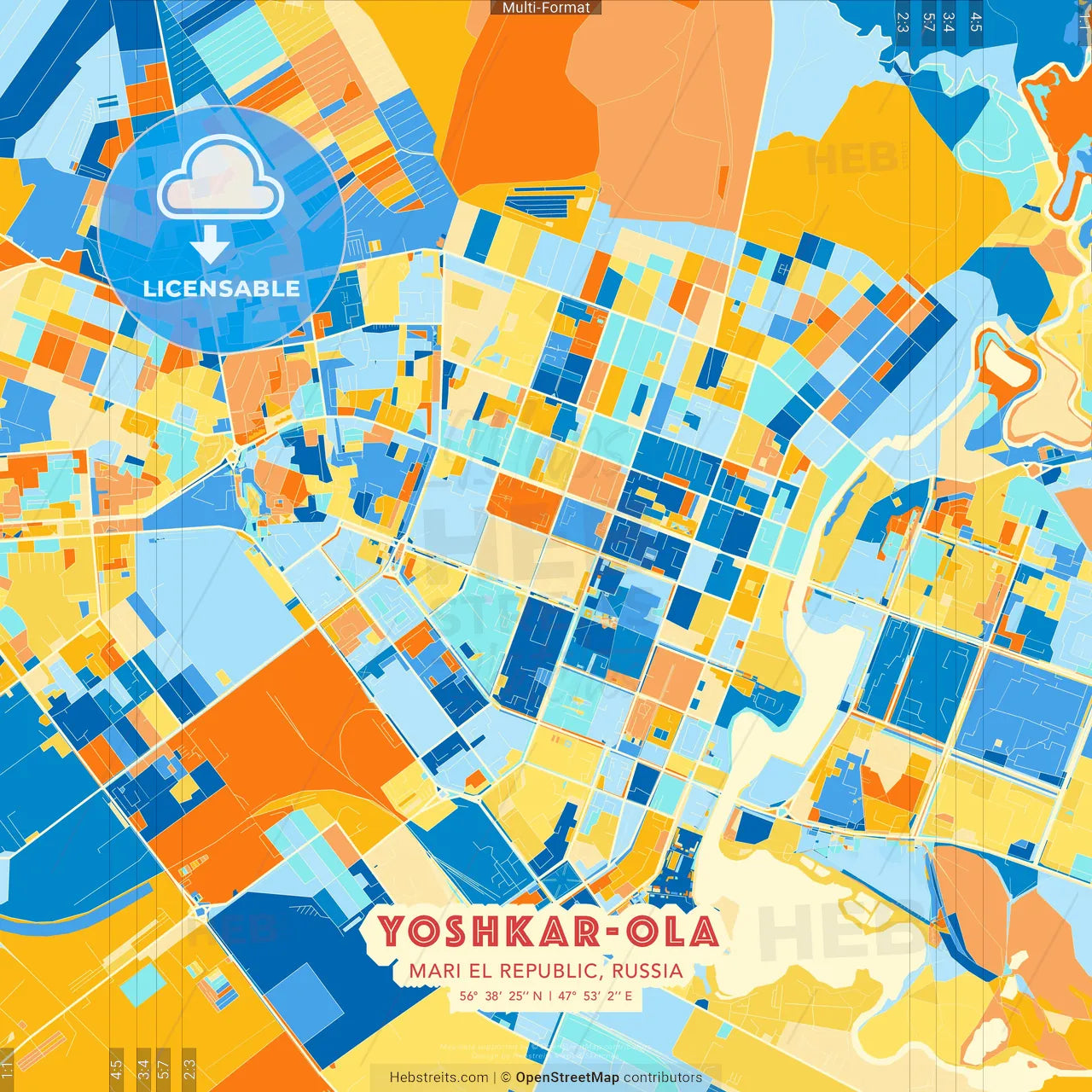 Yoshkar-Ola, Mari El Republic, Russia blue and orange vector art map template