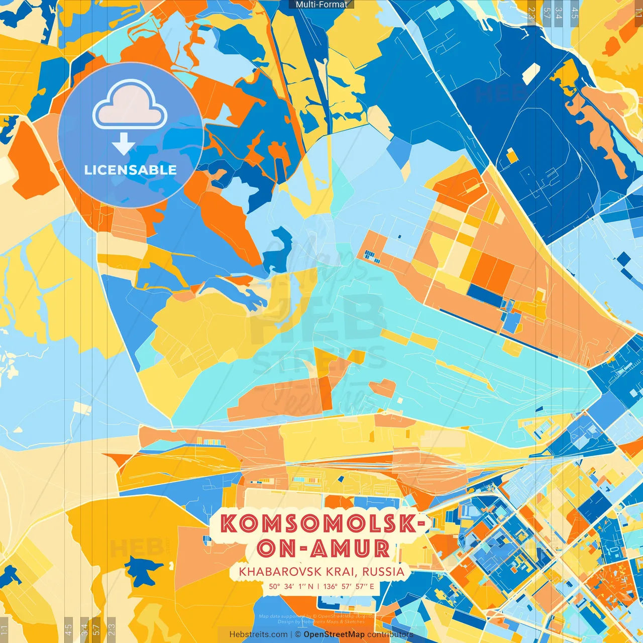 Komsomolsk-on-Amur, Khabarovsk Krai, Russia blue and orange vector art map template