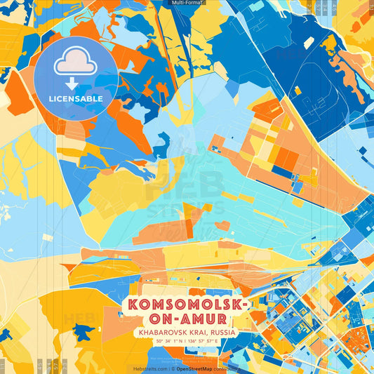 Komsomolsk-on-Amur, Khabarovsk Krai, Russia blue and orange vector art map template