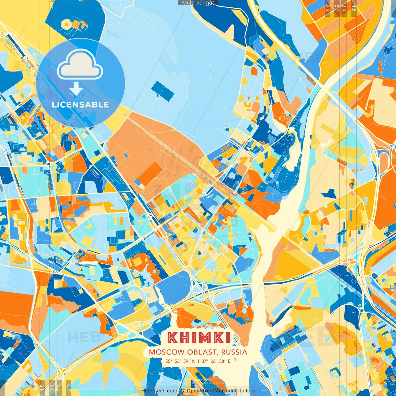 Khimki, Moscow Oblast, Russia blue and orange vector art map template