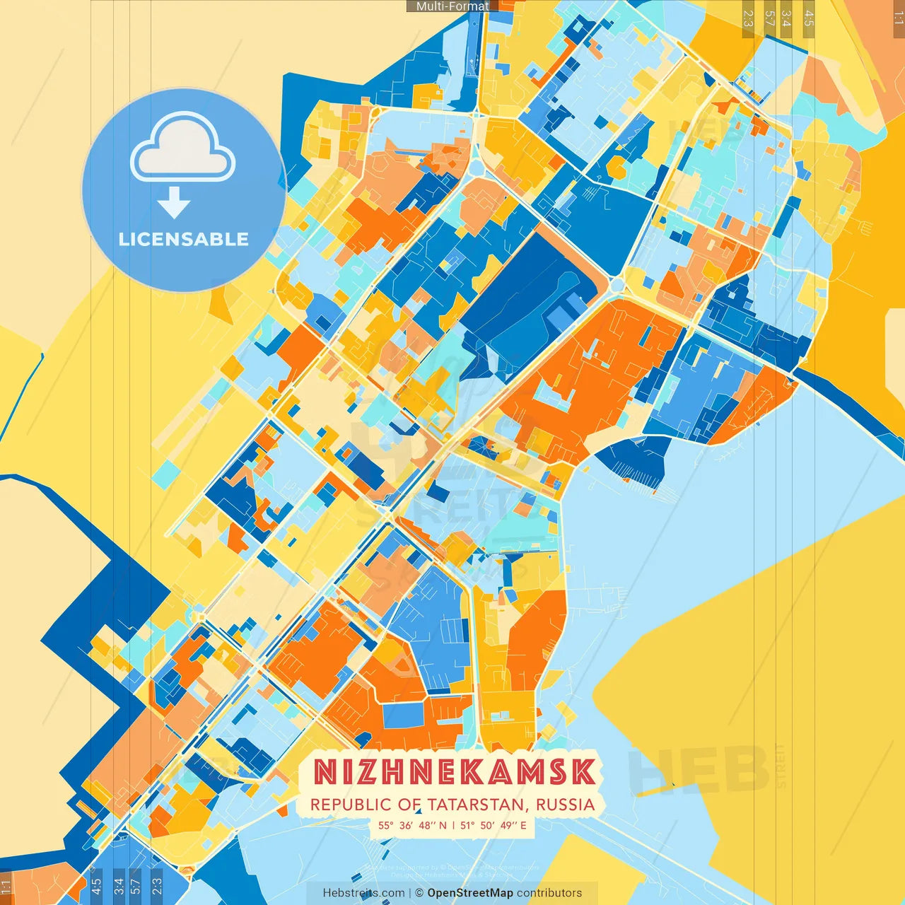 Nizhnekamsk, Republic of Tatarstan, Russia blue and orange vector art map template
