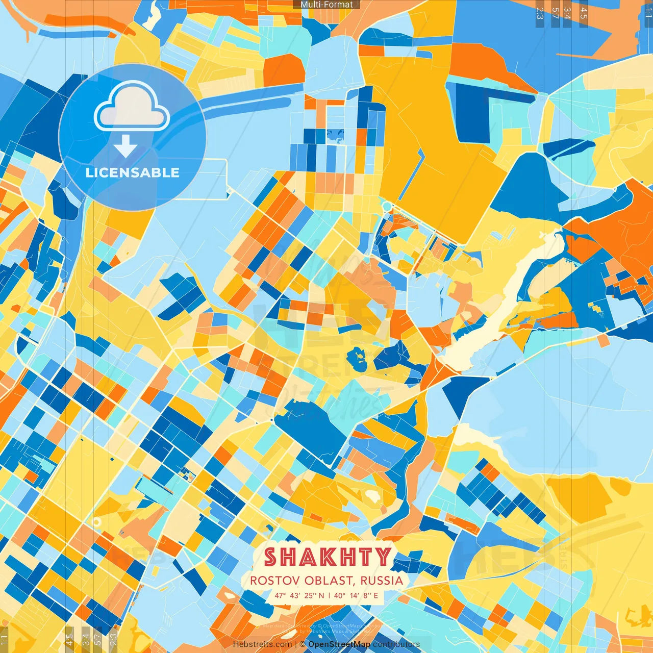 Shakhty, Rostov Oblast, Russia blue and orange vector art map template
