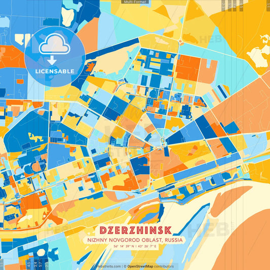 Dzerzhinsk, Nizhny Novgorod Oblast, Russia blue and orange vector art map template