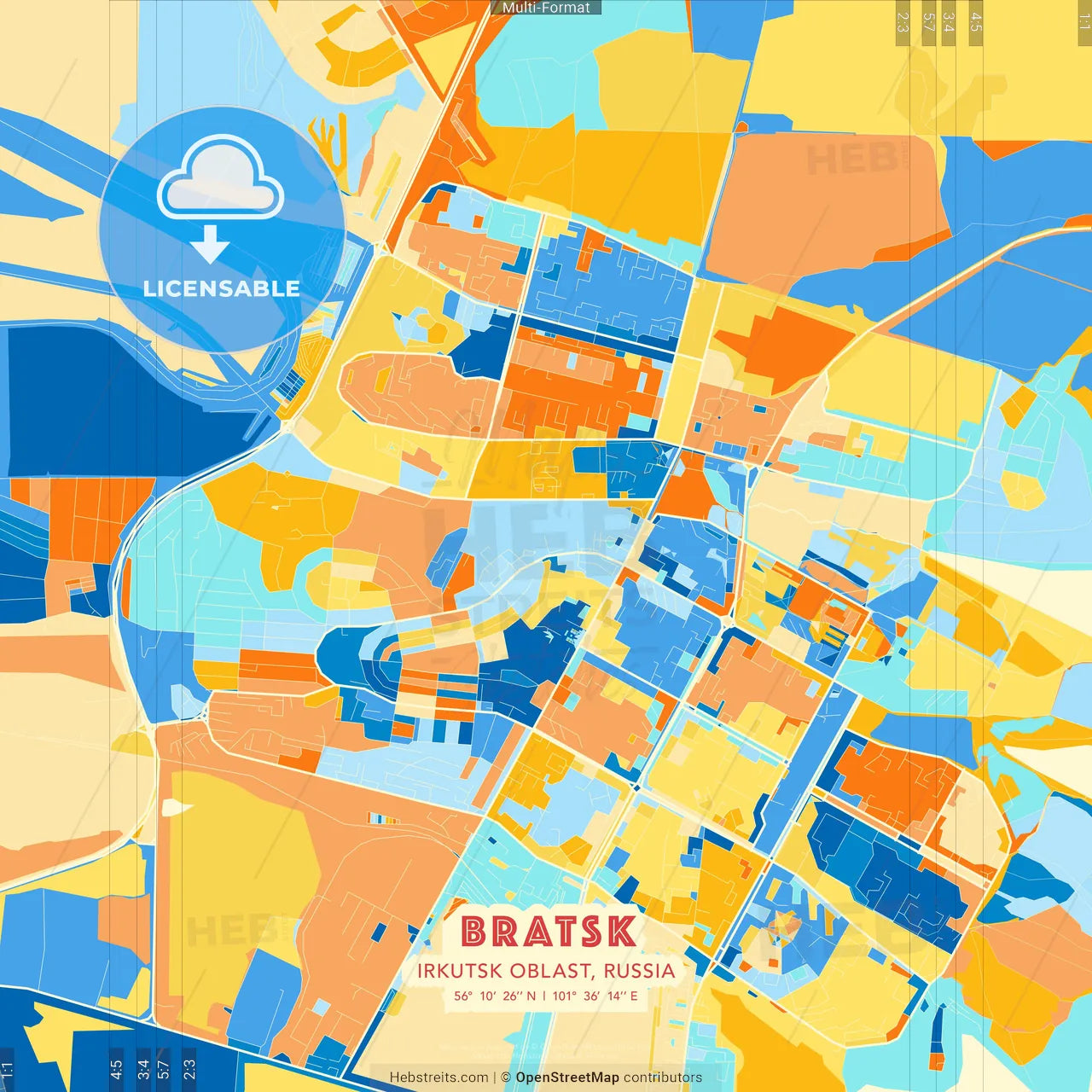 Bratsk, Irkutsk Oblast, Russia blue and orange vector art map template
