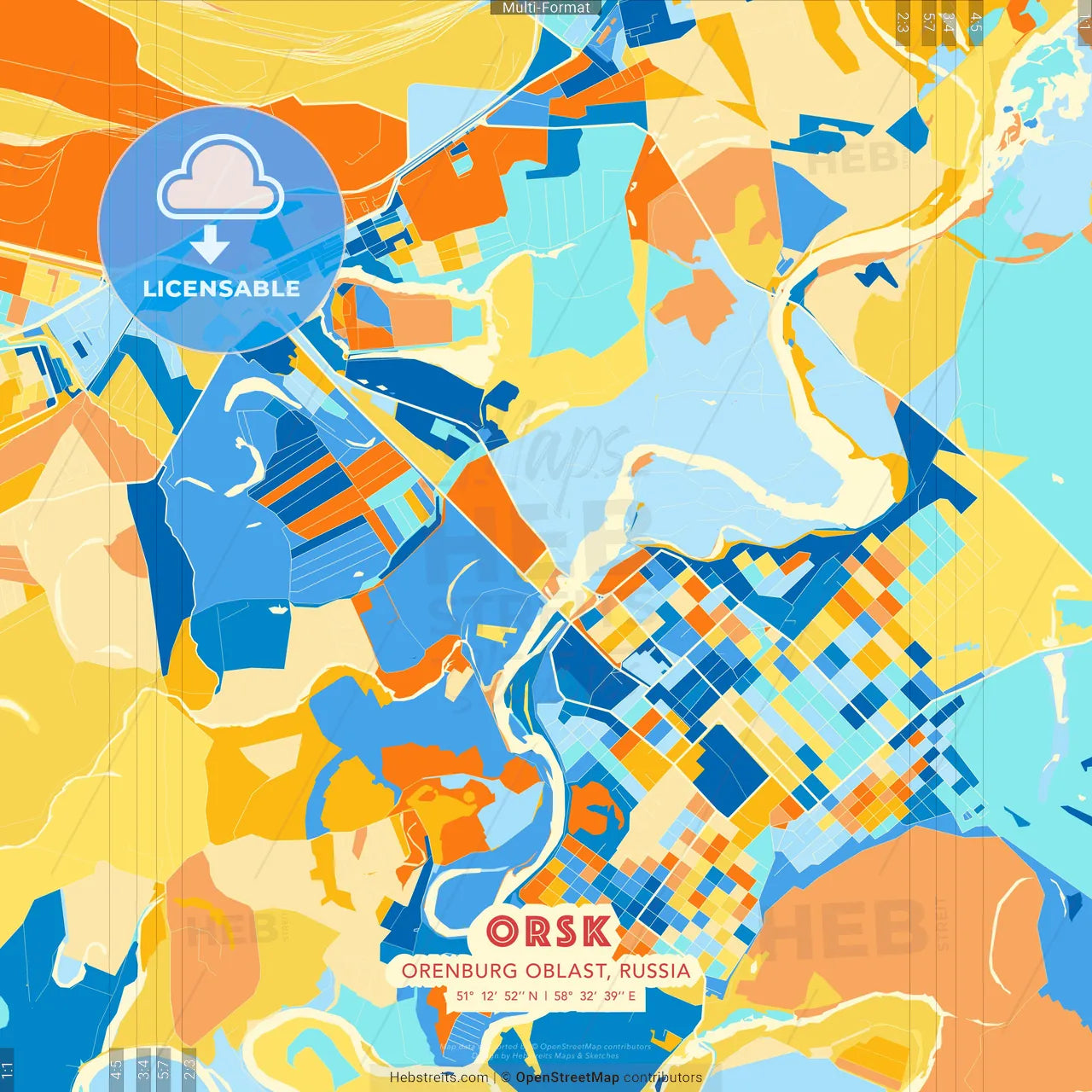Orsk, Orenburg Oblast, Russia blue and orange vector art map template