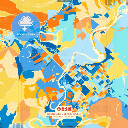 Orsk, Orenburg Oblast, Russia blue and orange vector art map template