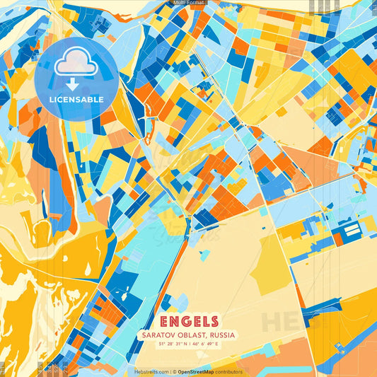Engels, Saratov Oblast, Russia blue and orange vector art map template