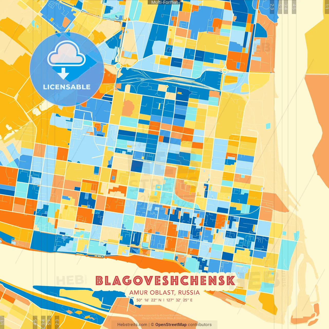 Blagoveshchensk, Amur Oblast, Russia blue and orange vector art map template