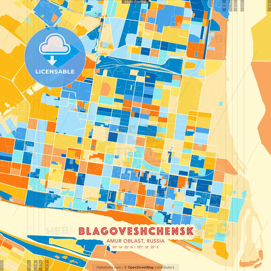 Blagoveshchensk, Amur Oblast, Russia blue and orange vector art map template