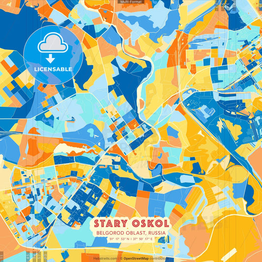 Stary Oskol, Belgorod Oblast, Russia blue and orange vector art map template