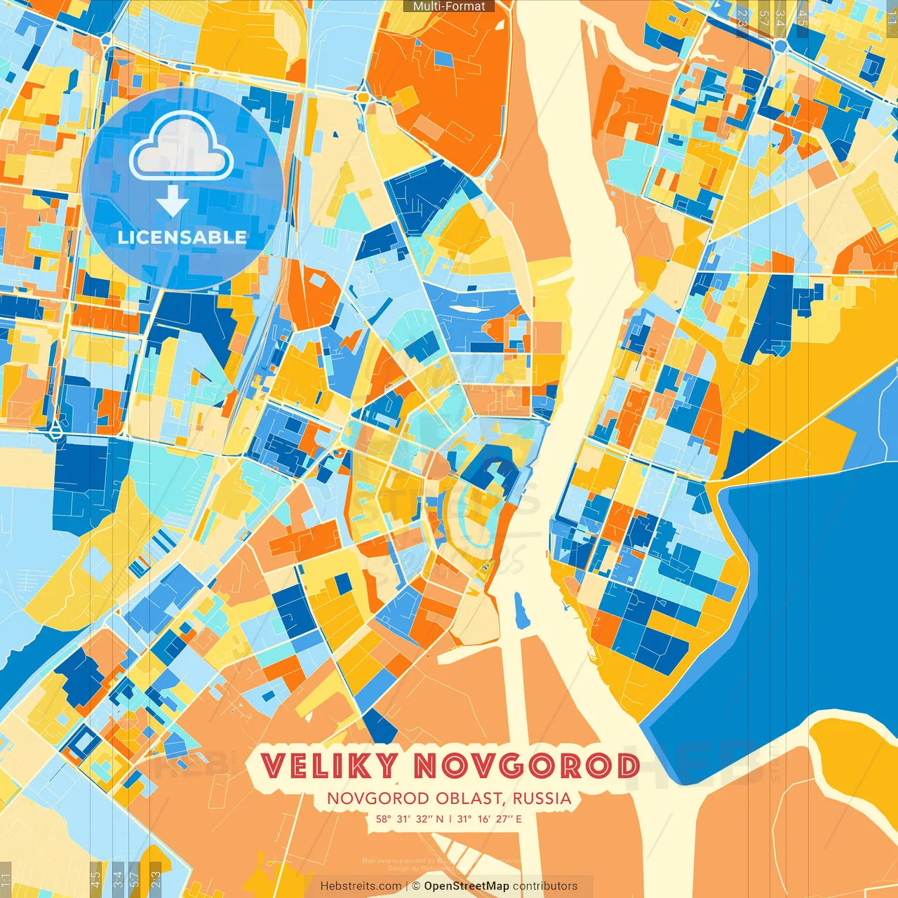 Veliky Novgorod, Novgorod Oblast, Russia blue and orange vector art map template