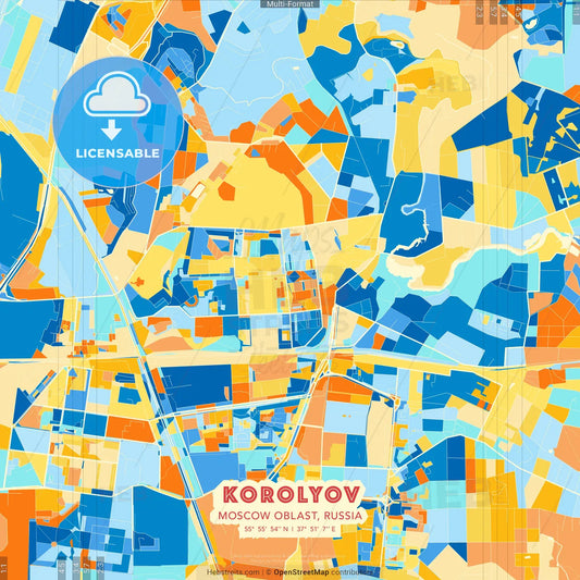 Korolyov, Moscow Oblast, Russia blue and orange vector art map template