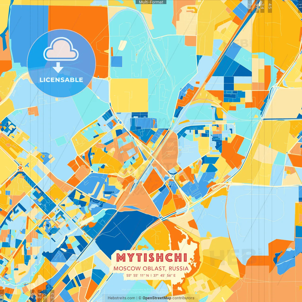 Mytishchi, Moscow Oblast, Russia blue and orange vector art map template