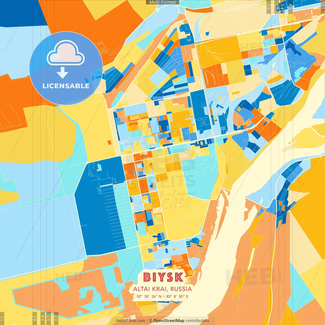 Biysk, Altai Krai, Russia blue and orange vector art map template