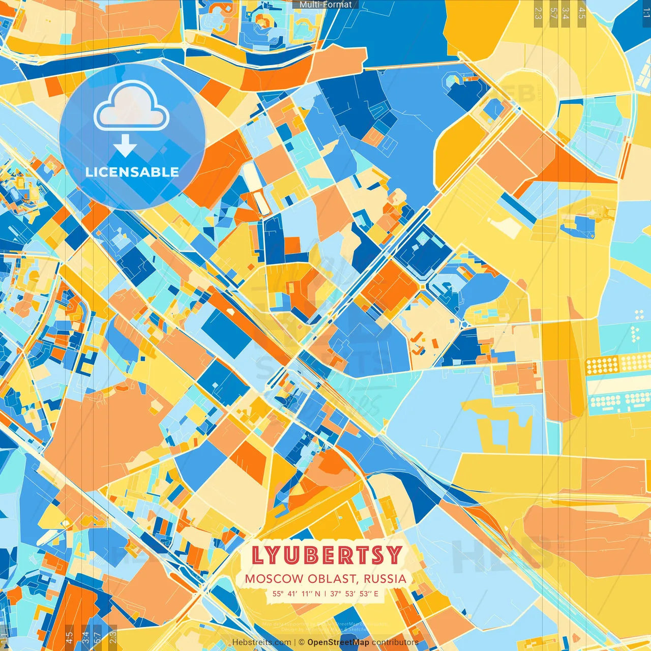Lyubertsy, Moscow Oblast, Russia blue and orange vector art map template