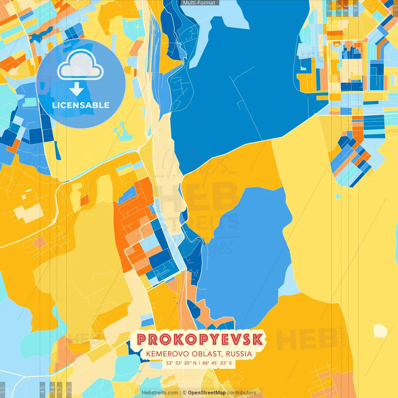 Prokopyevsk, Kemerovo Oblast, Russia blue and orange vector art map template