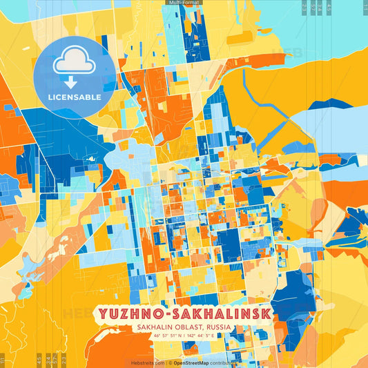 Yuzhno-Sakhalinsk, Sakhalin Oblast, Russia blue and orange vector art map template