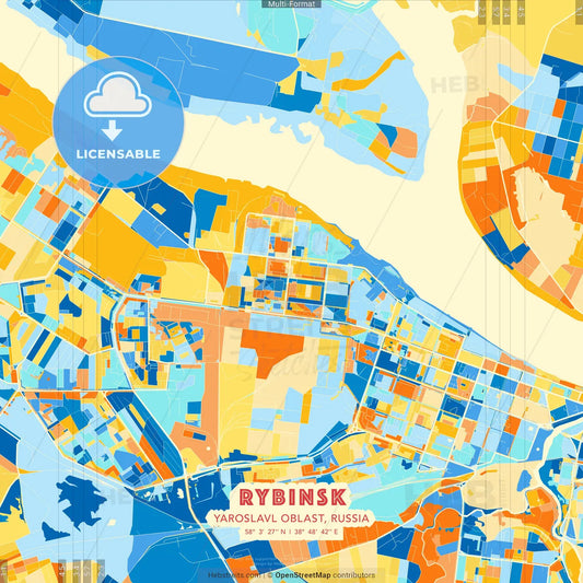 Rybinsk, Yaroslavl Oblast, Russia blue and orange vector art map template