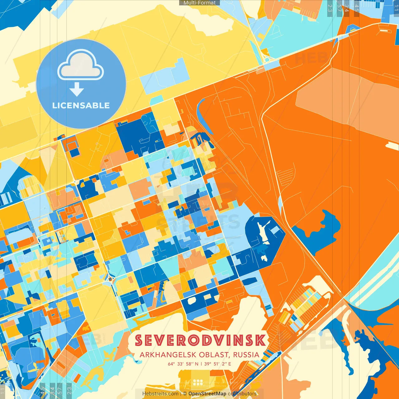 Severodvinsk, Arkhangelsk Oblast, Russia blue and orange vector art map template