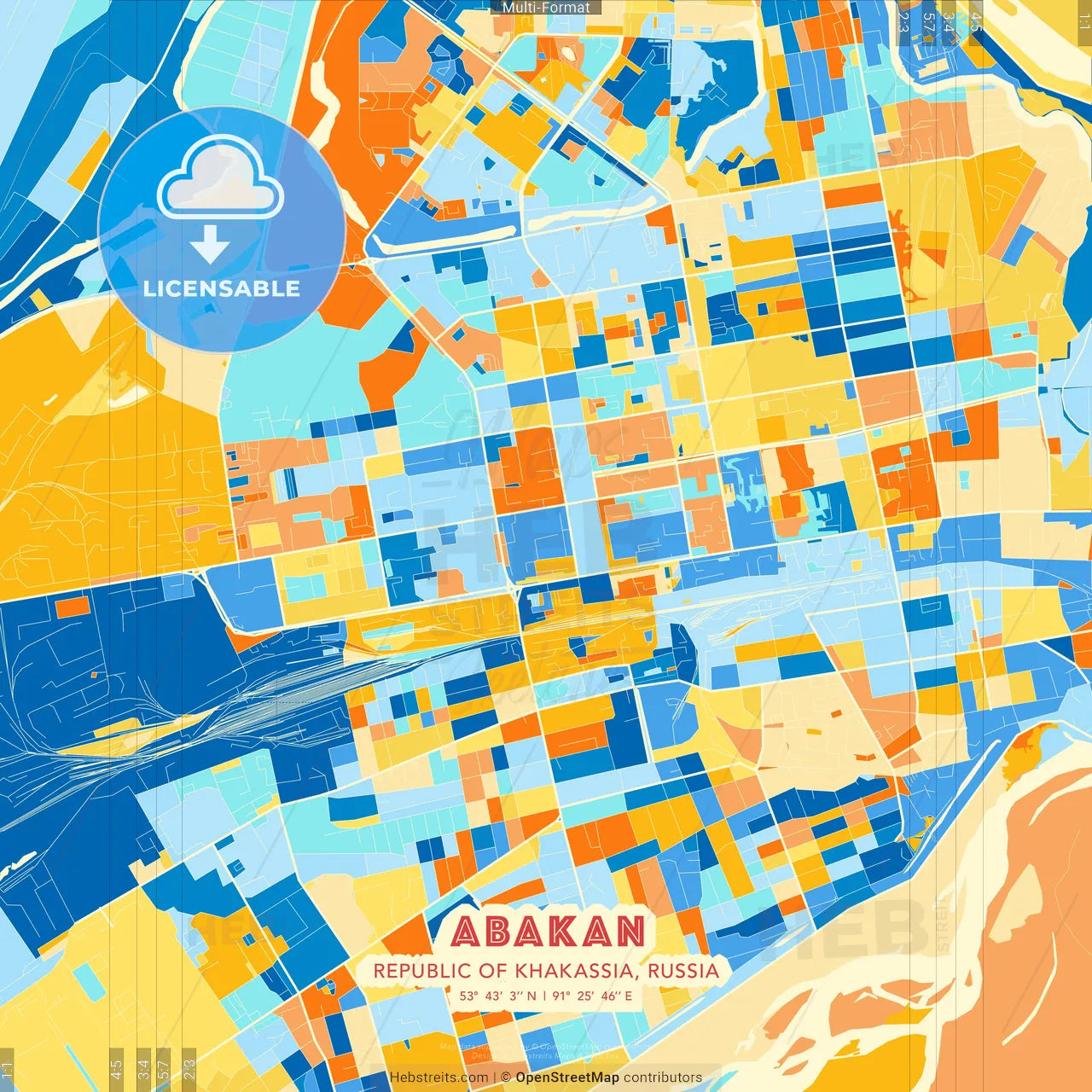 Abakan, Republic of Khakassia, Russia blue and orange vector art map template