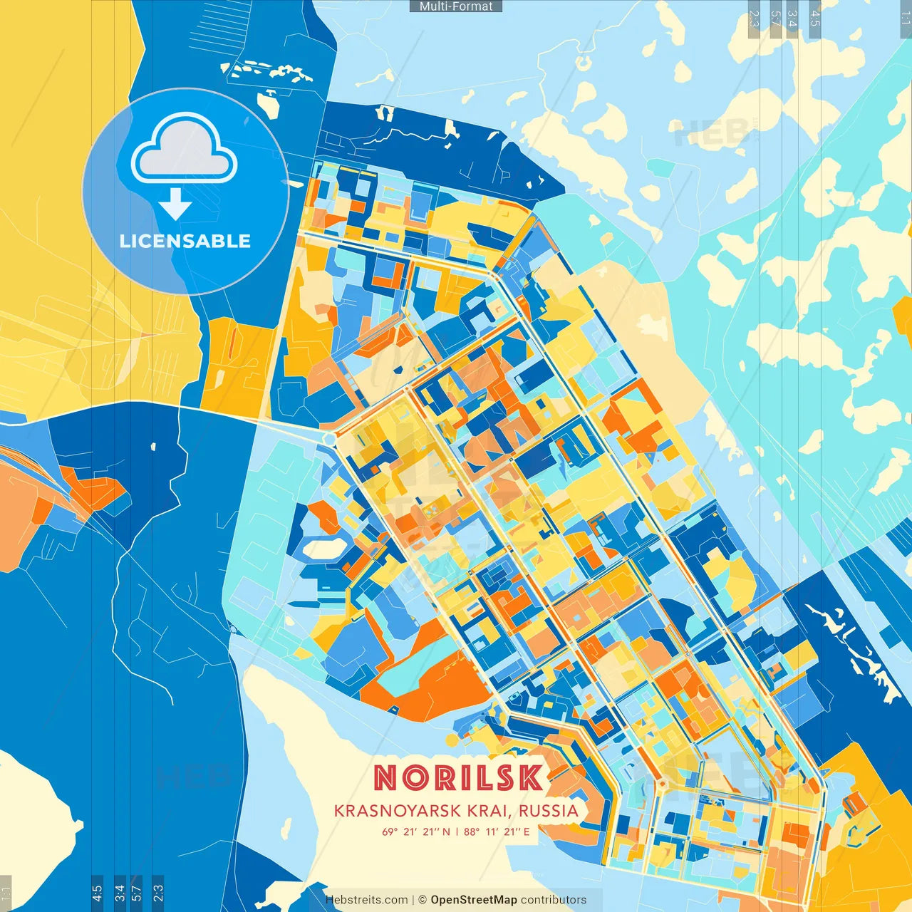 Norilsk, Krasnoyarsk Krai, Russia blue and orange vector art map template