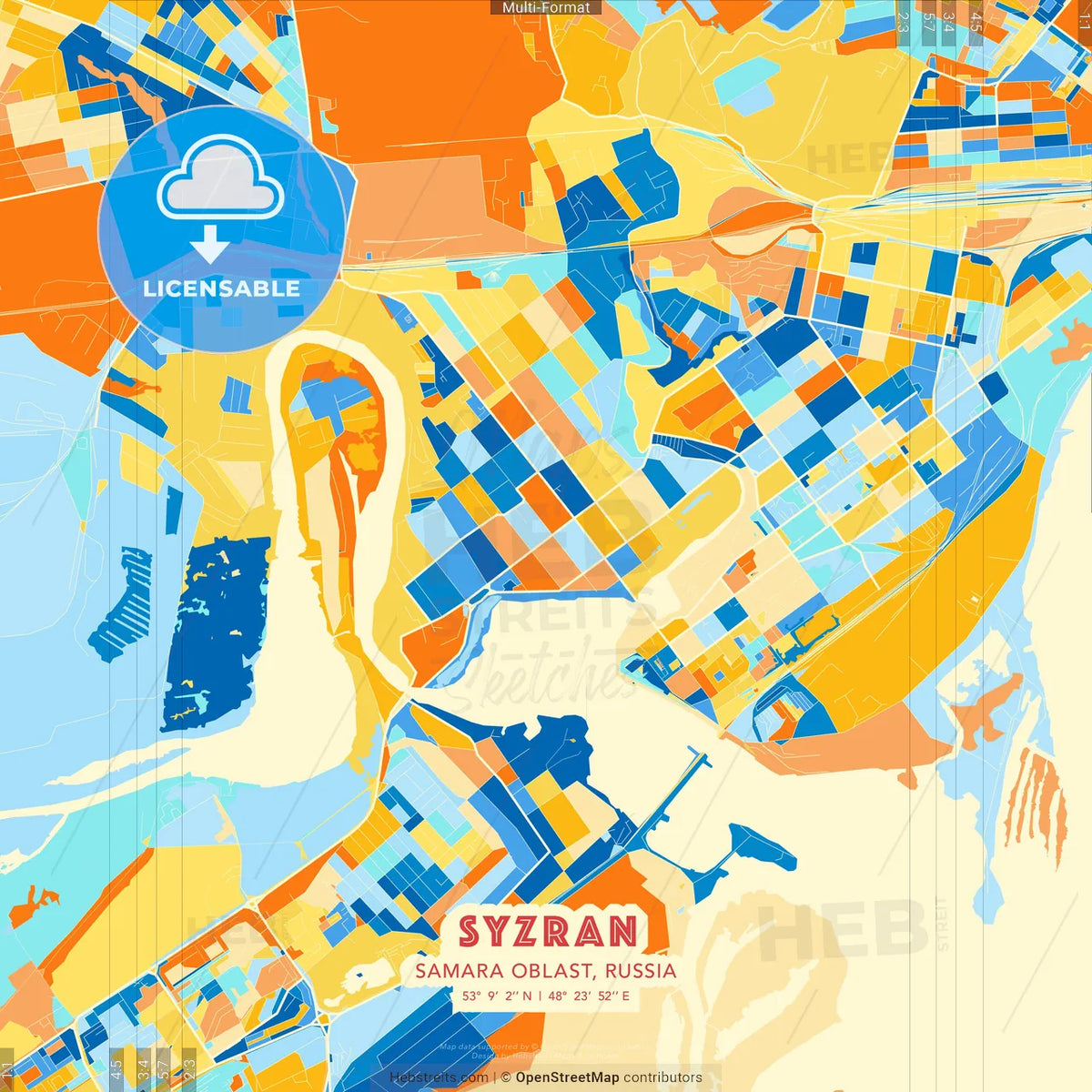Syzran, Samara Oblast, Russia blue and orange vector art map template
