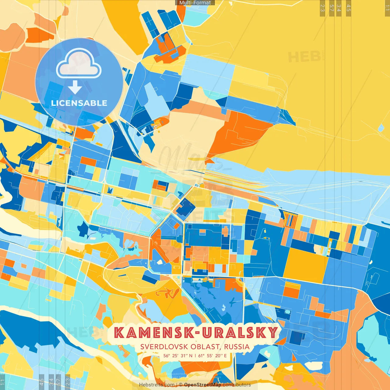 Kamensk-Uralsky, Sverdlovsk Oblast, Russia blue and orange vector art map template