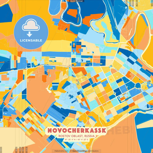 Novocherkassk, Rostov Oblast, Russia blue and orange vector art map template