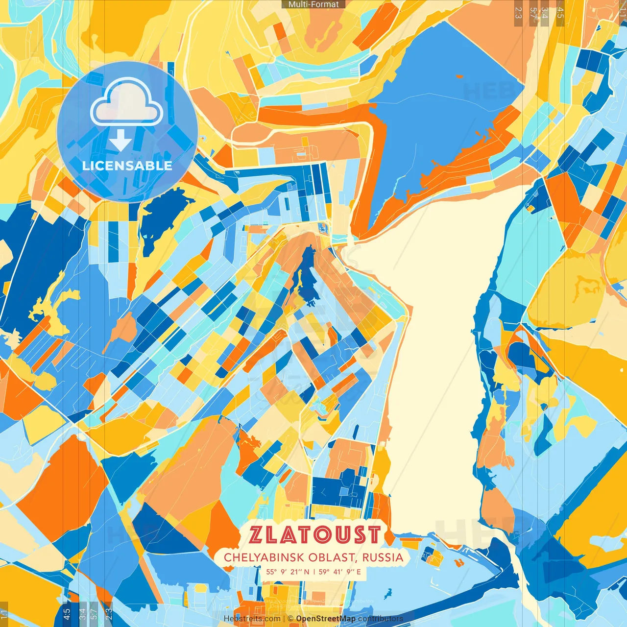 Zlatoust, Chelyabinsk Oblast, Russia blue and orange vector art map template