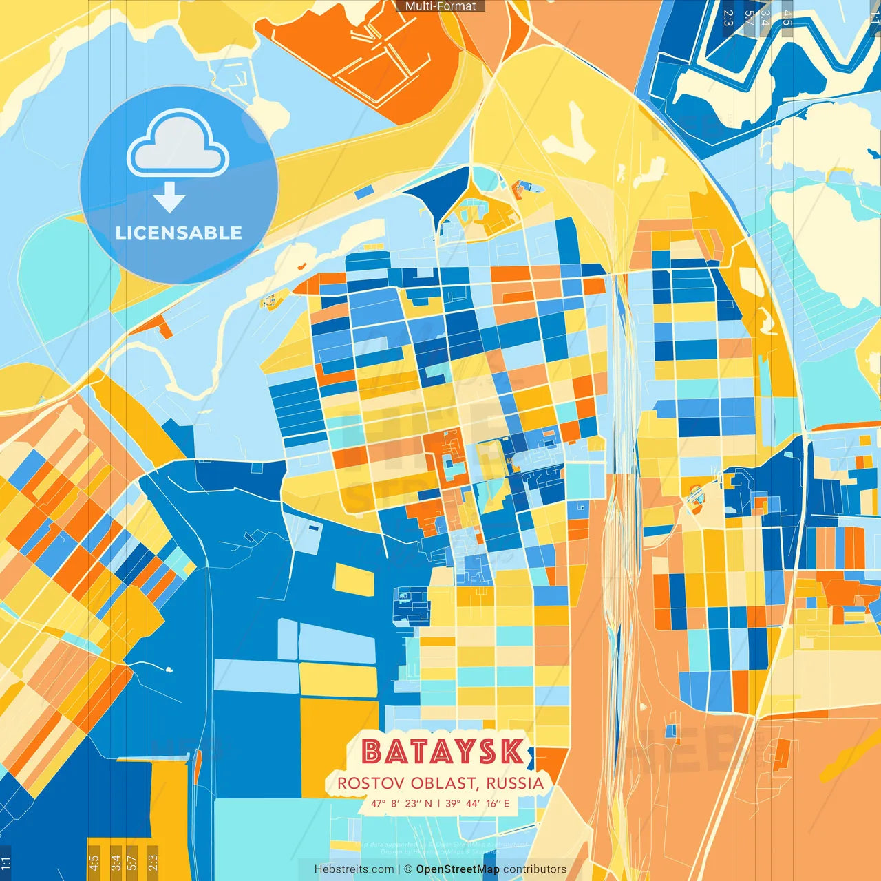 Bataysk, Rostov Oblast, Russia blue and orange vector art map template