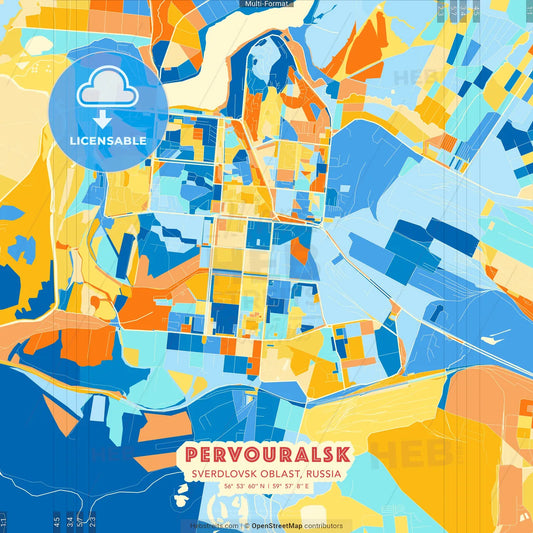 Pervouralsk, Sverdlovsk Oblast, Russia blue and orange vector art map template