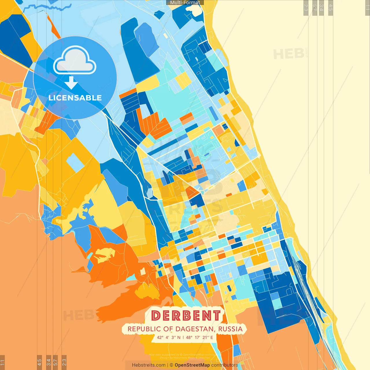 Derbent, Republic of Dagestan, Russia blue and orange vector art map template
