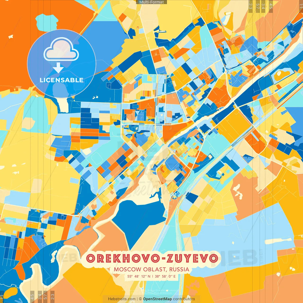 Orekhovo-Zuyevo, Moscow Oblast, Russia blue and orange vector art map template
