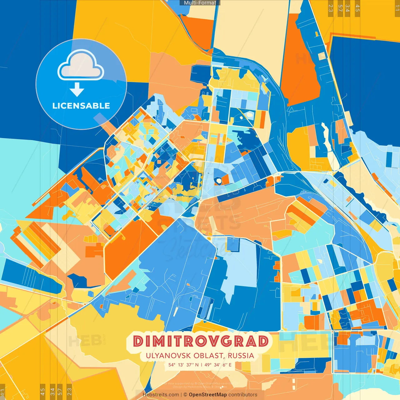 Dimitrovgrad, Ulyanovsk Oblast, Russia blue and orange vector art map template