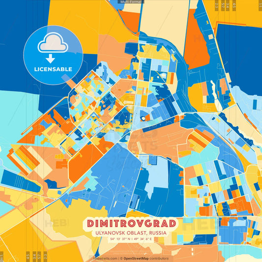 Dimitrovgrad, Ulyanovsk Oblast, Russia blue and orange vector art map template