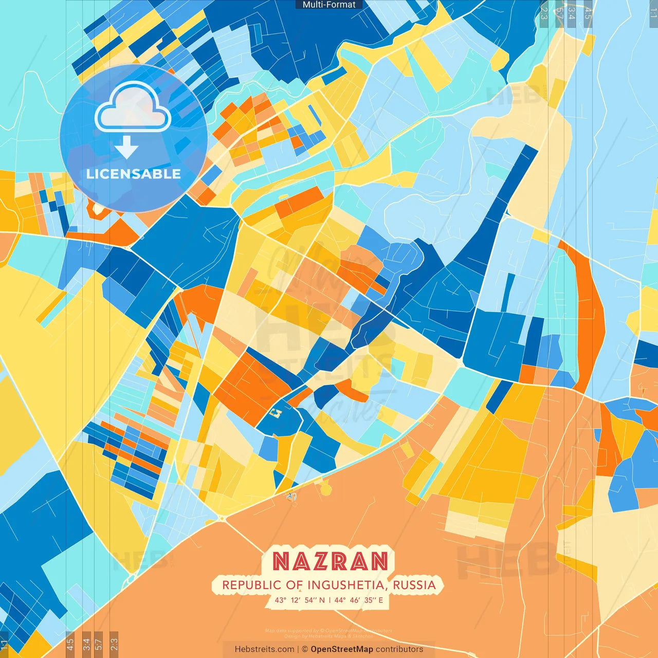Nazran, Republic of Ingushetia, Russia blue and orange vector art map template