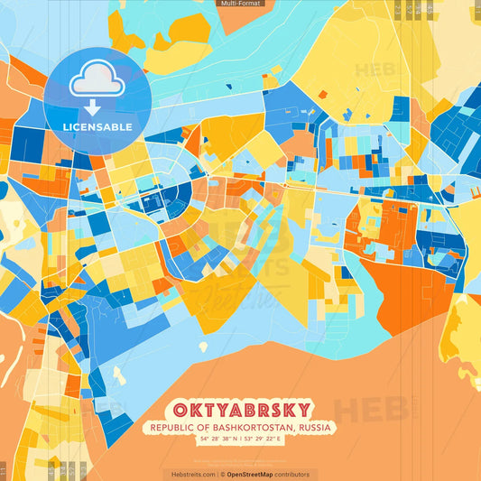 Oktyabrsky, Republic of Bashkortostan, Russia blue and orange vector art map template