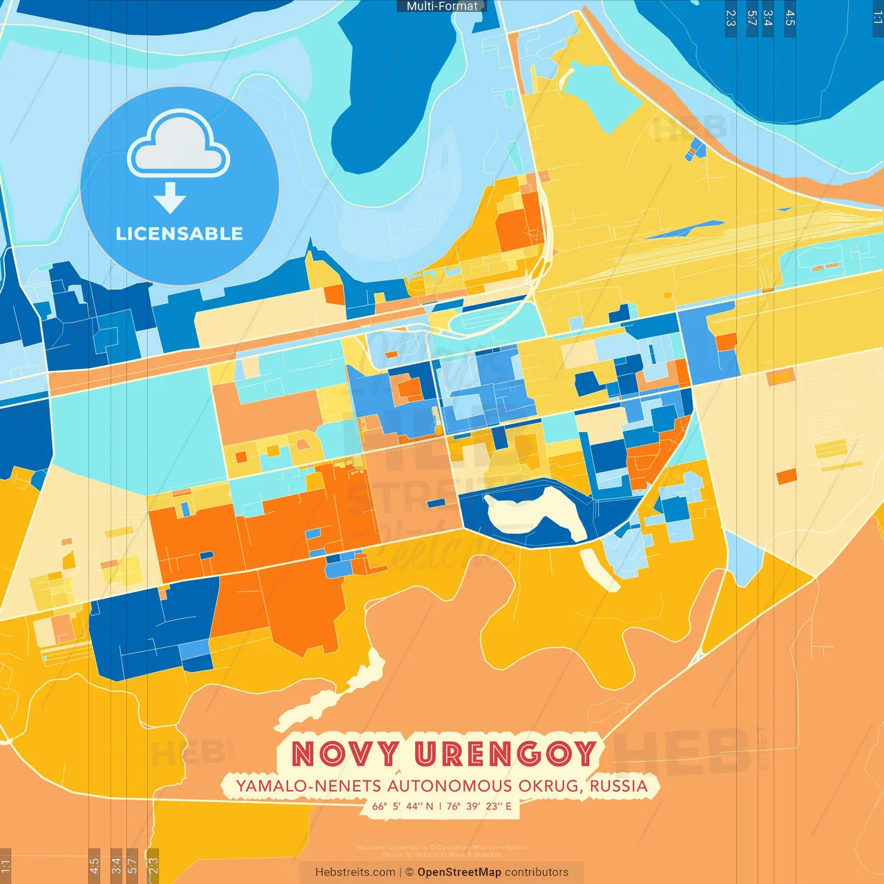 Novy Urengoy, Yamalo-Nenets Autonomous Okrug, Russia blue and orange vector art map template