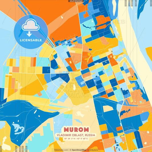 Murom, Vladimir Oblast, Russia blue and orange vector art map template