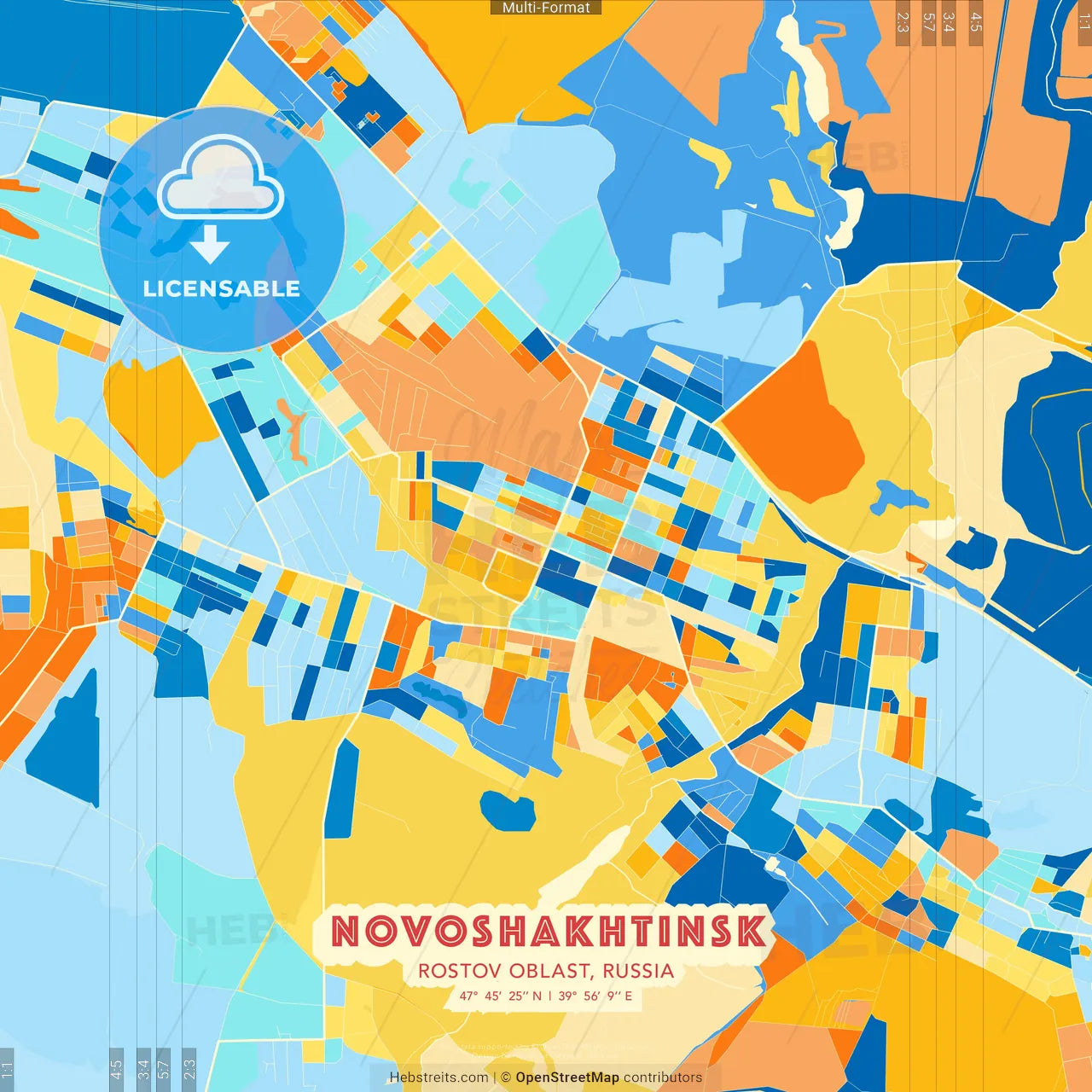 Novoshakhtinsk, Rostov Oblast, Russia blue and orange vector art map template