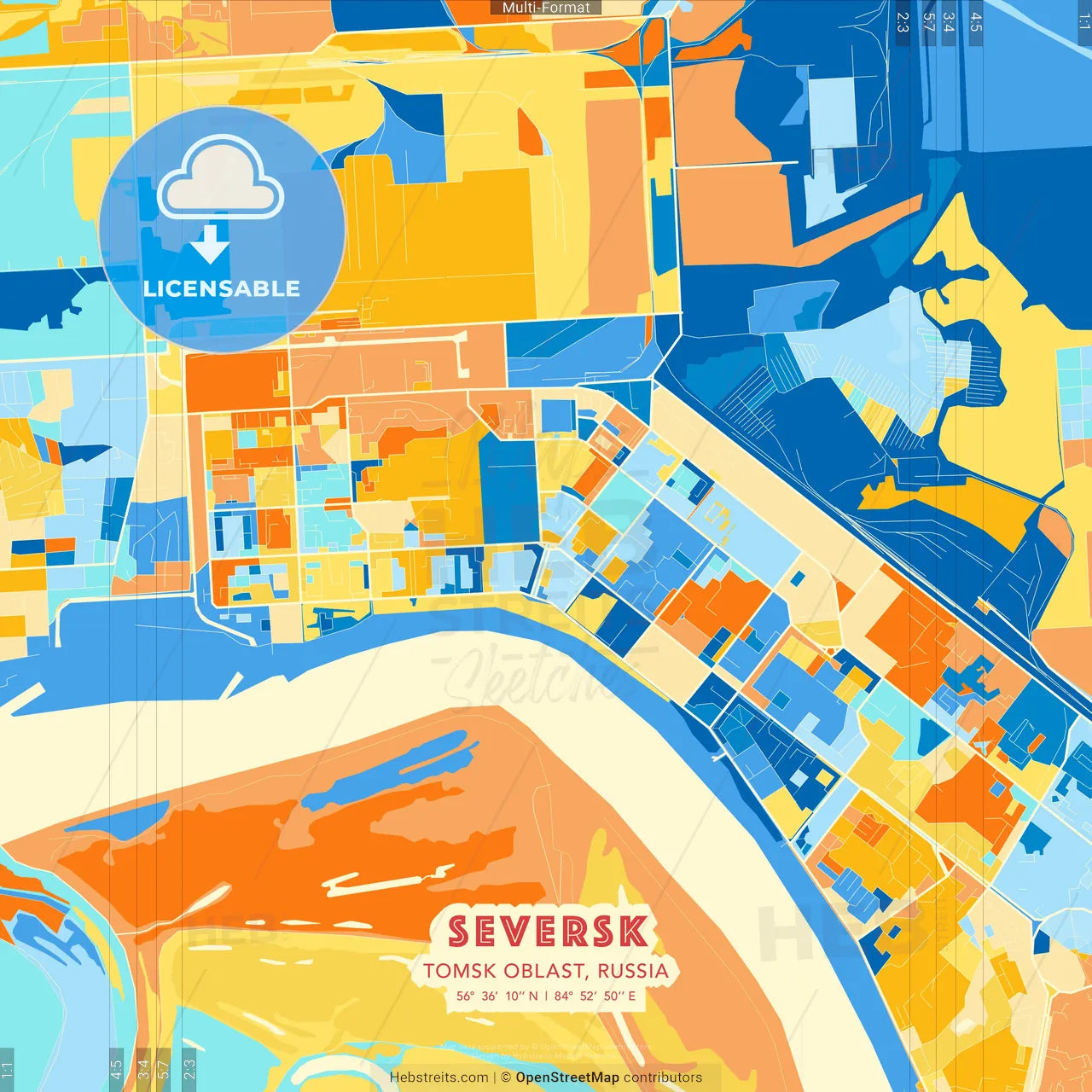 Seversk, Tomsk Oblast, Russia blue and orange vector art map template