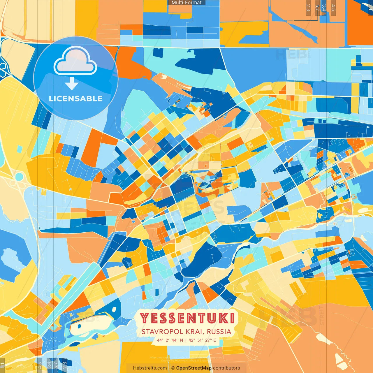 Yessentuki, Stavropol Krai, Russia blue and orange vector art map template