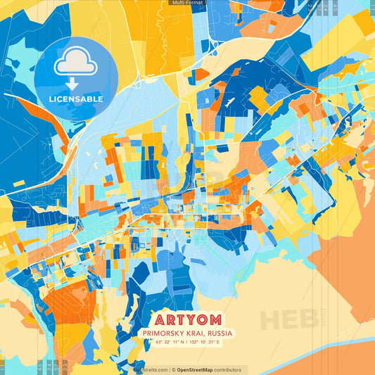 Artyom, Primorsky Krai, Russia blue and orange vector art map template