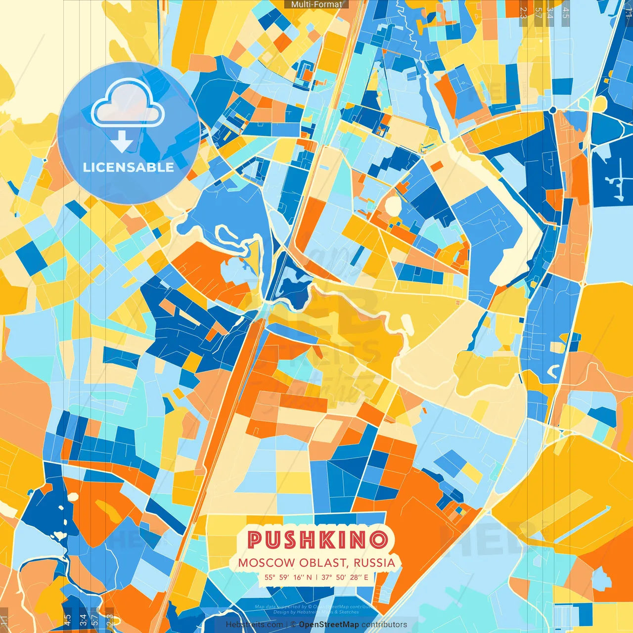 Pushkino, Moscow Oblast, Russia blue and orange vector art map template